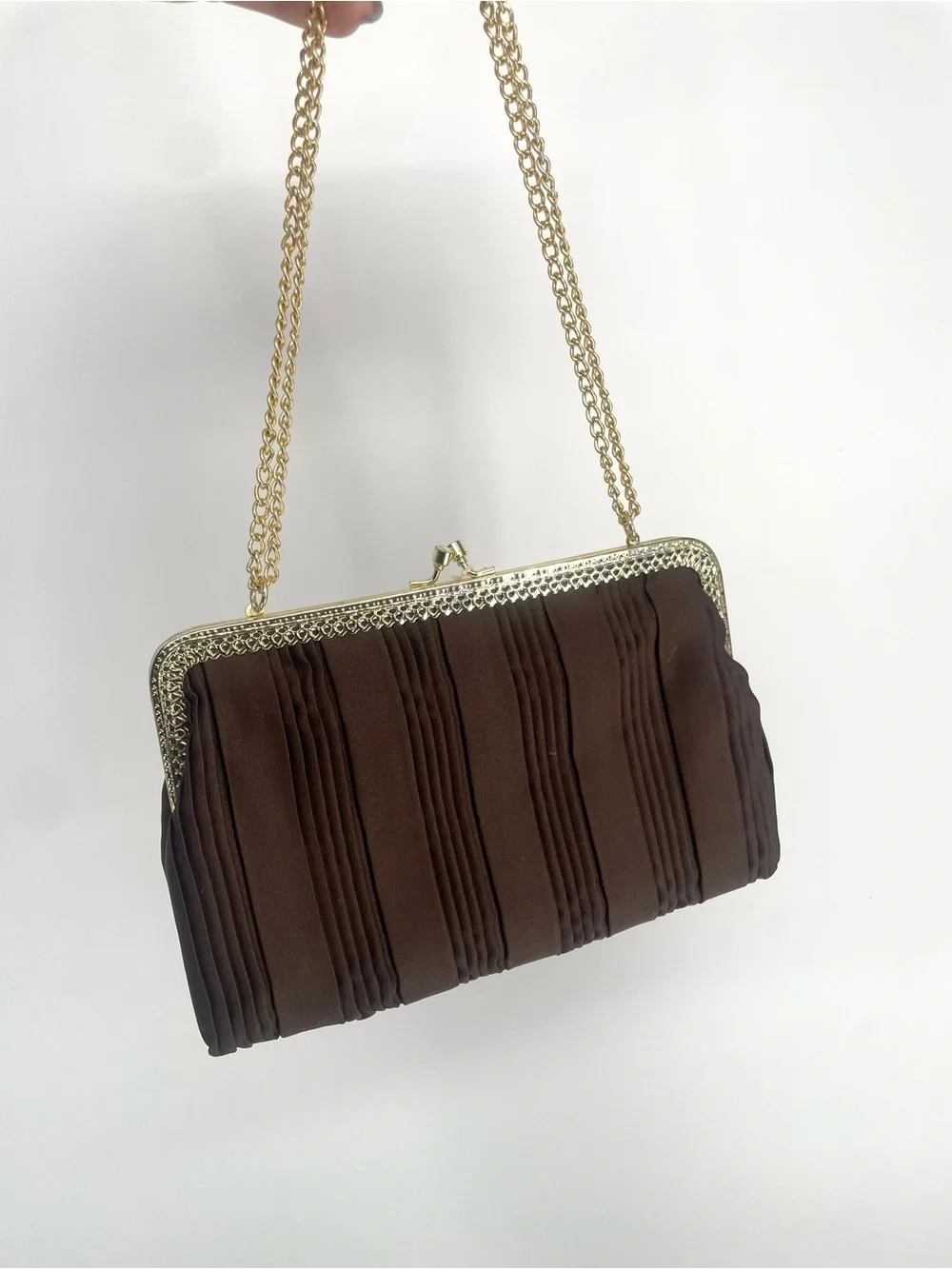 Vintage La Regale Double Chain Handle Brown Pintucked Evening Bag W Coin Purse